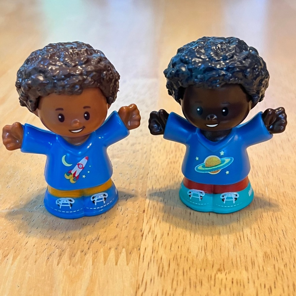 Fisher Price Little People Boys Space Rocket Planet Blue Shirt Figures Lot of 2